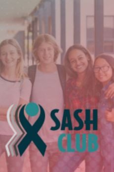 Group of diverse students smiling with the SASH Club logo, promoting peer education to address sexual harassment and assault in schools.