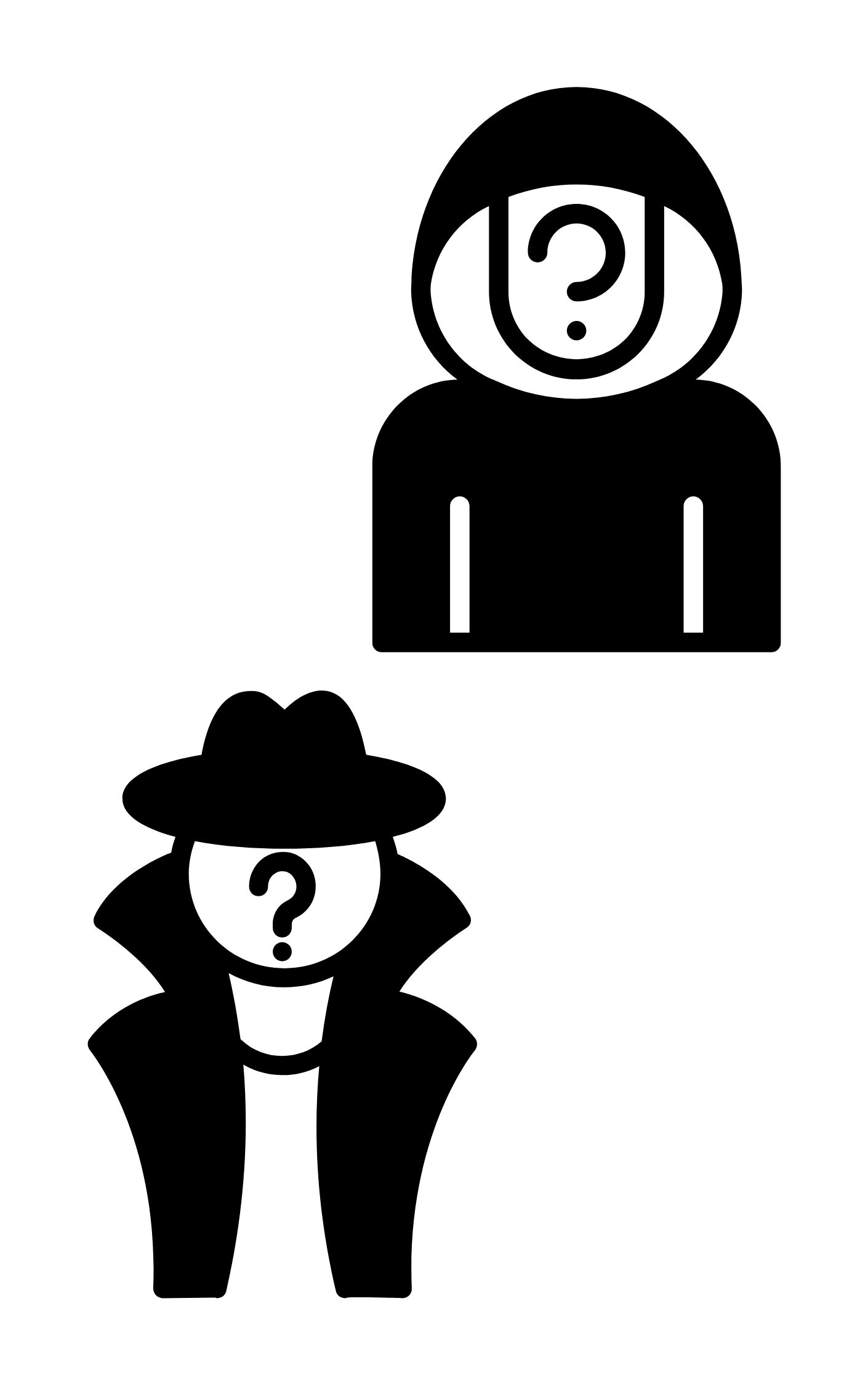 Two mysterious figures—one in a hoodie, one in a trench coat and hat—both with question marks for faces, representing the dangers of talking to strangers online, even in games.