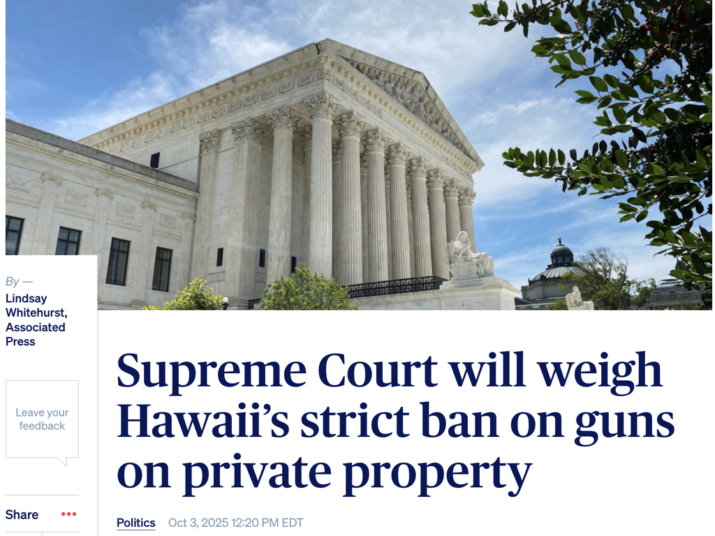 News header on Supreme Court weighing Hawaii's strict ban on guns on private property