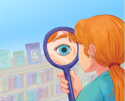 girl looks at mirror